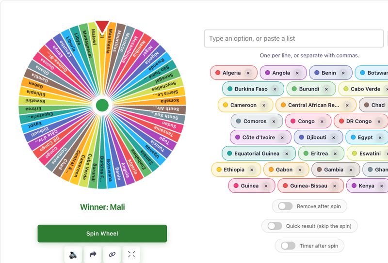 PickerSpin African countries wheel with all 54 countries as thin slices, showing Winner: Mali under the wheel and the country list beside it