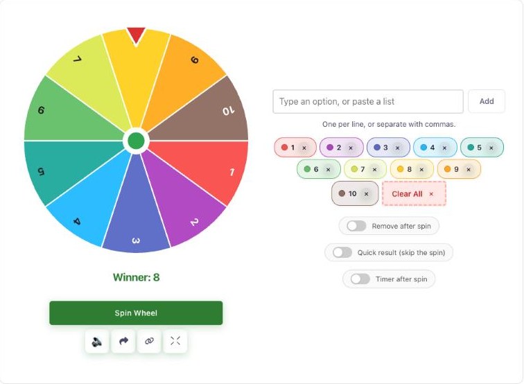 PickerSpin number wheel with ten coloured slices numbered 1 to 10, showing Winner: 8 under the wheel, the numbers listed as chips beside it, and the Remove after spin, Quick result and Timer after spin toggles