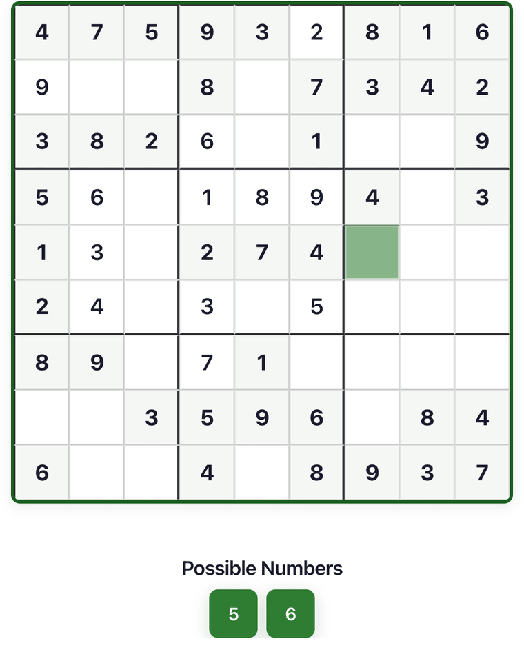 PickerSpin Sudoku 9x9 grid in progress, with one empty cell selected and the Possible Numbers panel below it offering 5 and 6, the only digits that still fit that cell